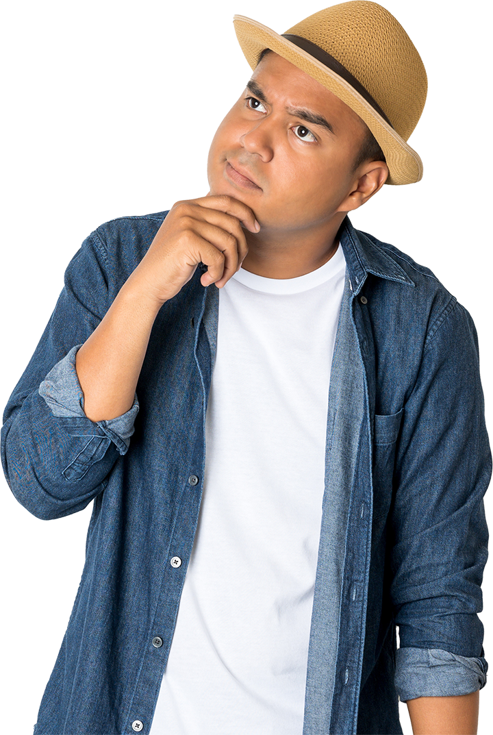 man in a denim shirt and hat, thinking