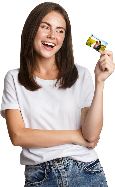 young brunette woman smiling and showing her PictureCard